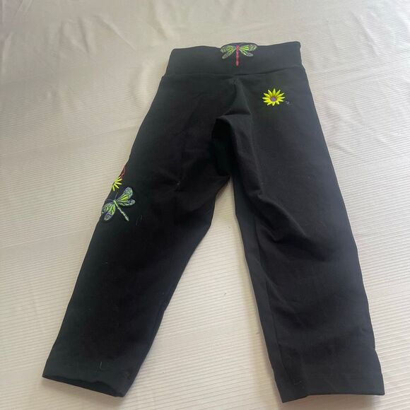 Margarita Supplex VTG Black Floral Dragonfly Embroidered Pull On Yoga Pants Sz 1 - Picture 9 of 9